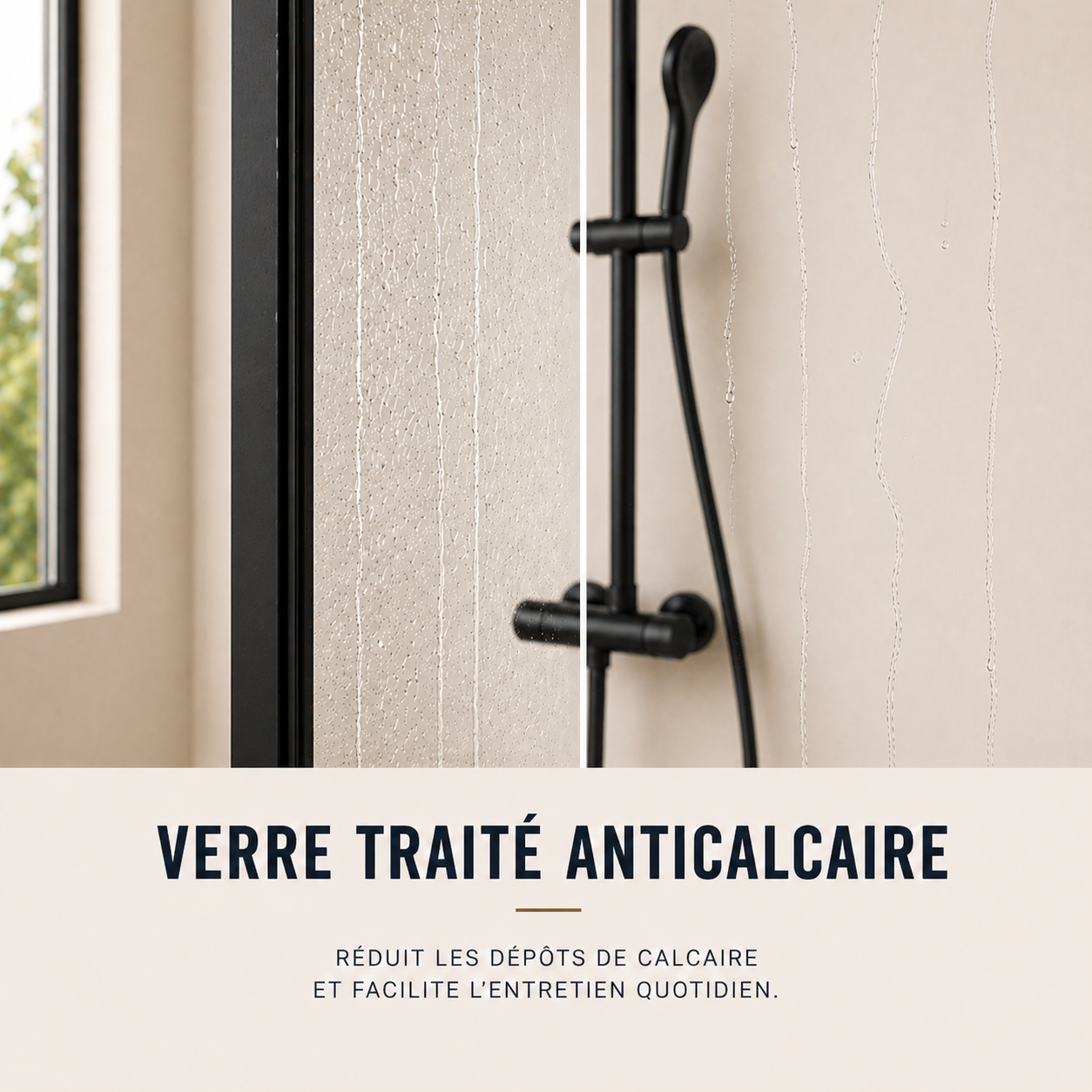 Paroi de douche en verre transparent avec bande centrale sabl�e et accessoires en noir mat
